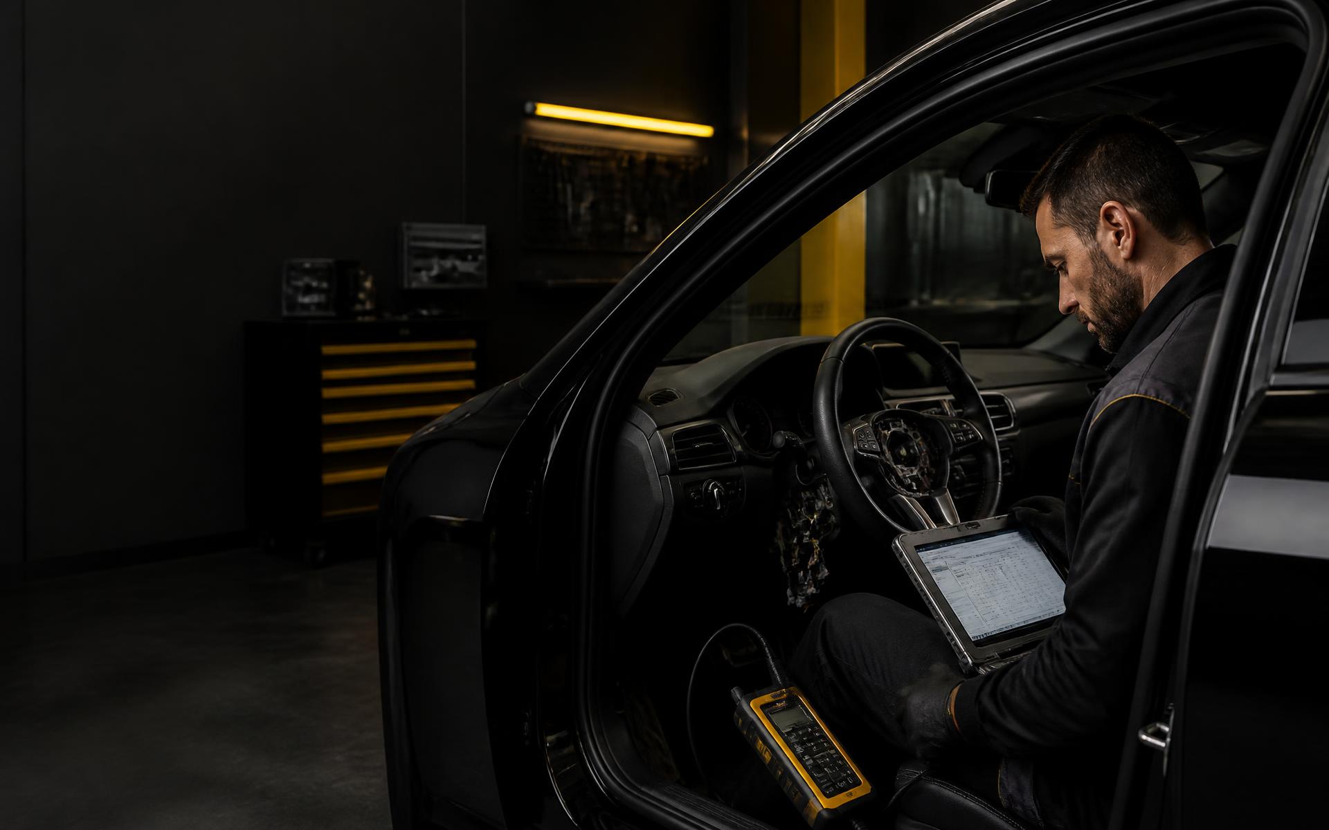 Técnico realizando diagnóstico electrónico en un vehículo